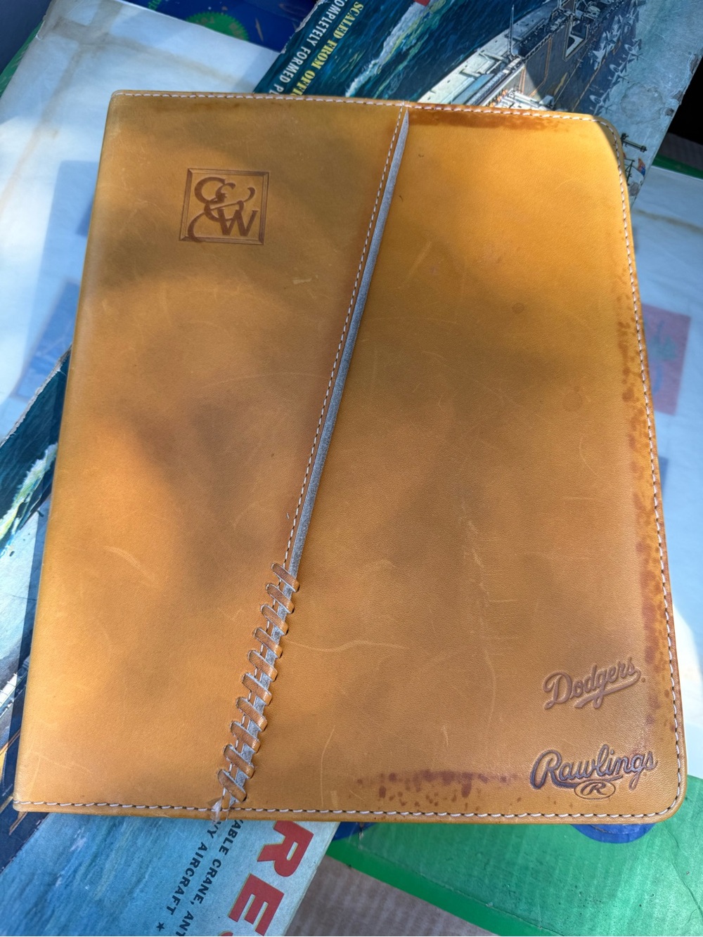 Vintage Rawlings Tan Leather Laptop Portfolio with Dodgers Embossing